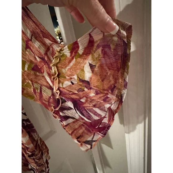 Lucky Brand L Rust Maroon Green Leaf Print Off-Shoulder Blouse Top - Picture 3 of 10